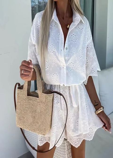 New Chic Jacquard Simple Elegant Solid Lace-Up Shorts Jumpsuit CODE: KAR4912
