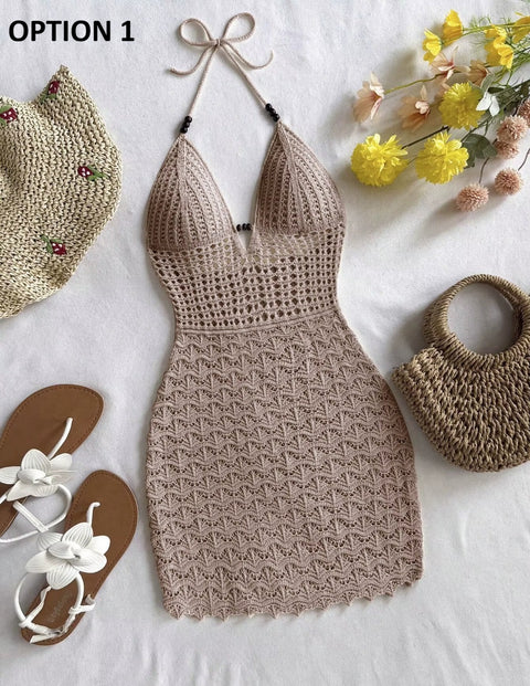 New Tie Neck Bead Detail Bodycon Mini Cover Up Dress CODE: KAR4920