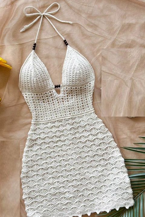 New Tie Neck Bead Detail Bodycon Mini Cover Up Dress CODE: KAR4920