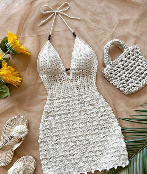 New Tie Neck Bead Detail Bodycon Mini Cover Up Dress CODE: KAR4920