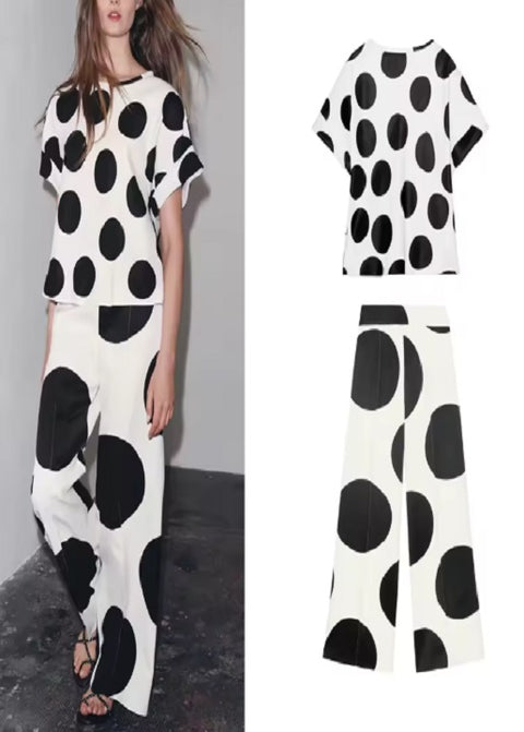 New Polka Dot Top + Wide-Leg Pant Two Piece Set CODE: KAR4926