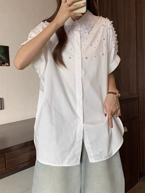 New Fashion Pearls Beads Stitch Casual Thin Tops CODE: KAR4928