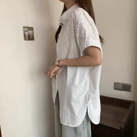 New Fashion Pearls Beads Stitch Casual Thin Tops CODE: KAR4928