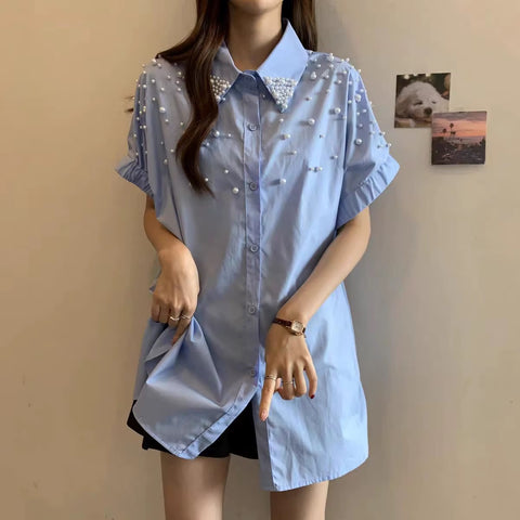 New Fashion Pearls Beads Stitch Casual Thin Tops CODE: KAR4928