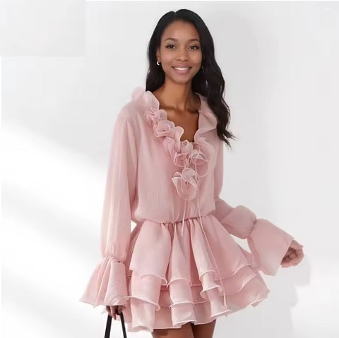New Flare Long Sleeve V-neck Flower Applique Ruffles Mini Dress CODE: KAR4930
