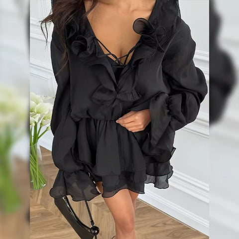 New Flare Long Sleeve V-neck Flower Applique Ruffles Mini Dress CODE: KAR4930