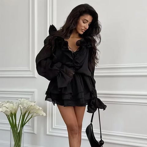 New Flare Long Sleeve V-neck Flower Applique Ruffles Mini Dress CODE: KAR4930