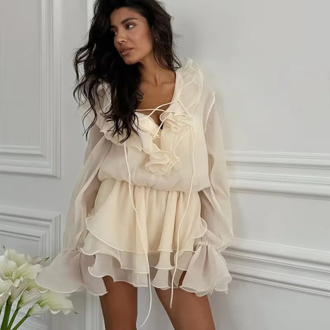 New Flare Long Sleeve V-neck Flower Applique Ruffles Mini Dress CODE: KAR4930