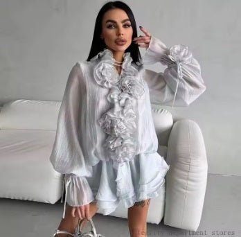 New Flare Long Sleeve V-neck Flower Applique Ruffles Mini Dress CODE: KAR4930