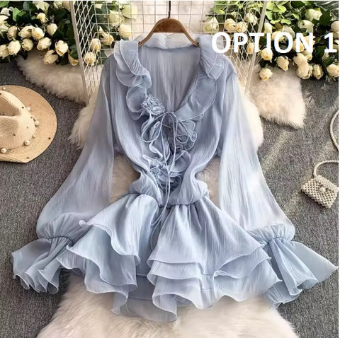 New Flare Long Sleeve V-neck Flower Applique Ruffles Mini Dress CODE: KAR4930