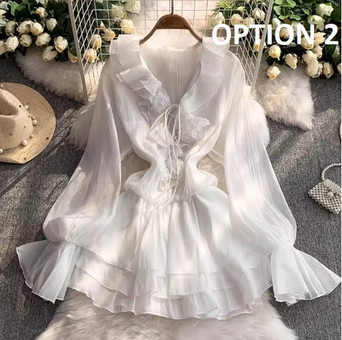 New Flare Long Sleeve V-neck Flower Applique Ruffles Mini Dress CODE: KAR4930