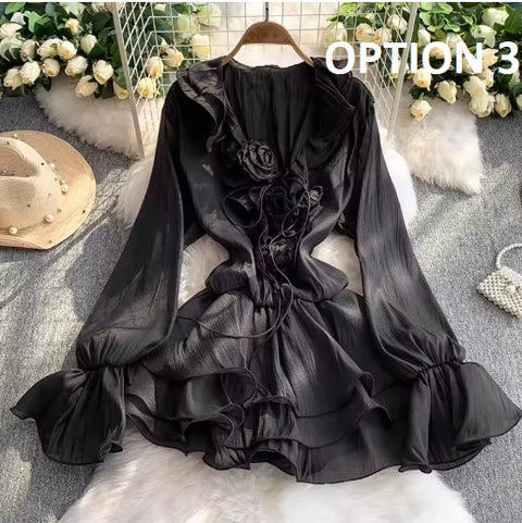 New Flare Long Sleeve V-neck Flower Applique Ruffles Mini Dress CODE: KAR4930