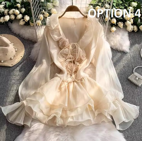 New Flare Long Sleeve V-neck Flower Applique Ruffles Mini Dress CODE: KAR4930