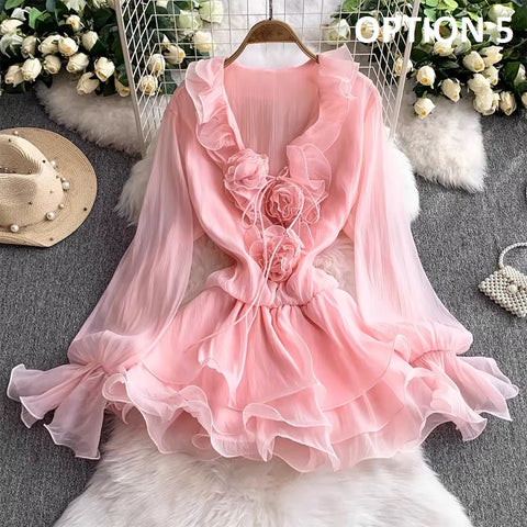 New Flare Long Sleeve V-neck Flower Applique Ruffles Mini Dress CODE: KAR4930