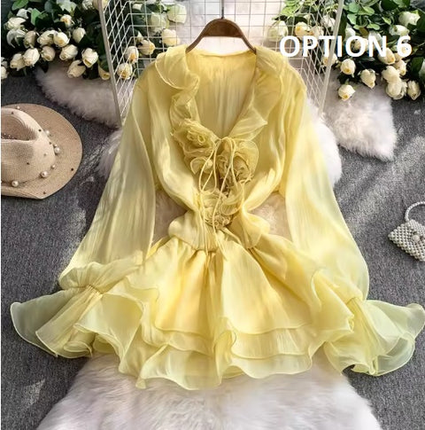 New Flare Long Sleeve V-neck Flower Applique Ruffles Mini Dress CODE: KAR4930