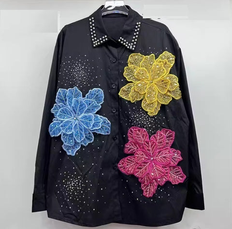 New Long Sleeves Lapel Blouse 3D Flower Shirt CODE: KAR4931