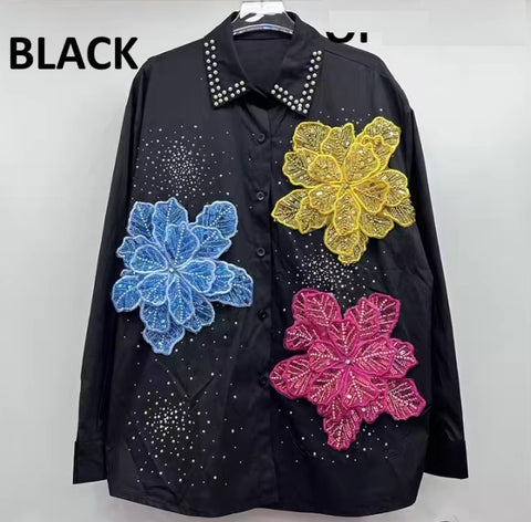 New Long Sleeves Lapel Blouse 3D Flower Shirt CODE: KAR4931