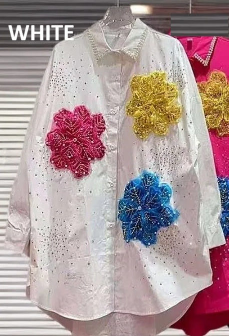 New Long Sleeves Lapel Blouse 3D Flower Shirt CODE: KAR4931