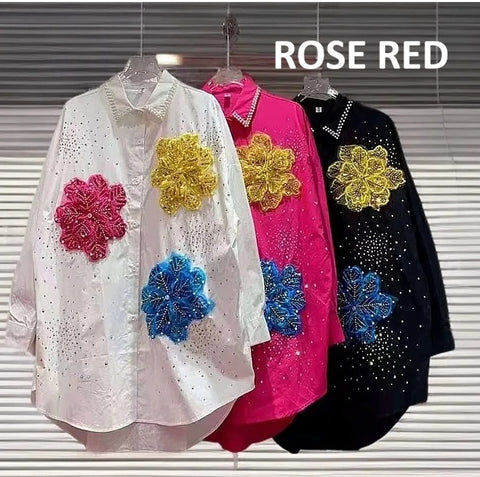 New Long Sleeves Lapel Blouse 3D Flower Shirt CODE: KAR4931