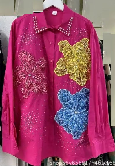 New Long Sleeves Lapel Blouse 3D Flower Shirt CODE: KAR4931