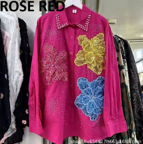 New Long Sleeves Lapel Blouse 3D Flower Shirt CODE: KAR4931