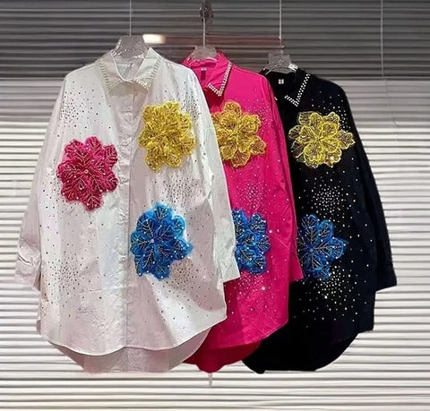 New Long Sleeves Lapel Blouse 3D Flower Shirt CODE: KAR4931
