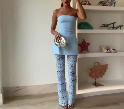 New Fashion Waist Cinched Strapless Top Hollow Knitted Pants Set CODE: KAR4941