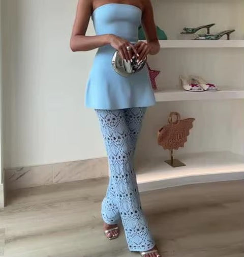 New Fashion Waist Cinched Strapless Top Hollow Knitted Pants Set CODE: KAR4941