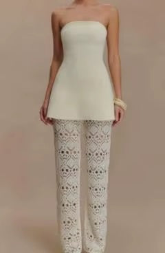 New Fashion Waist Cinched Strapless Top Hollow Knitted Pants Set CODE: KAR4941