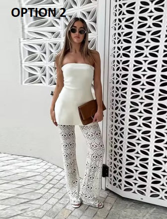New Fashion Waist Cinched Strapless Top Hollow Knitted Pants Set CODE: KAR4941