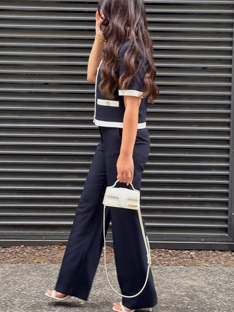 New Contrast Trim Short Sleeve Jacket and Straight Pants Set CODE: KAR4948
