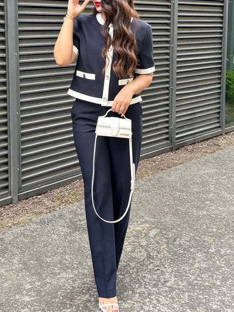 New Contrast Trim Short Sleeve Jacket and Straight Pants Set CODE: KAR4948