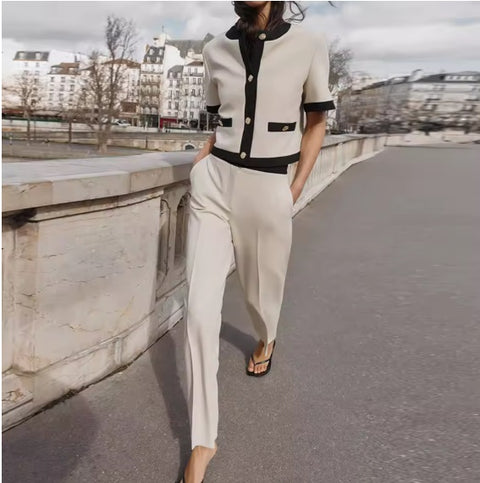 New Contrast Trim Short Sleeve Jacket and Straight Pants Set CODE: KAR4948
