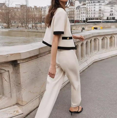 New Contrast Trim Short Sleeve Jacket and Straight Pants Set CODE: KAR4948