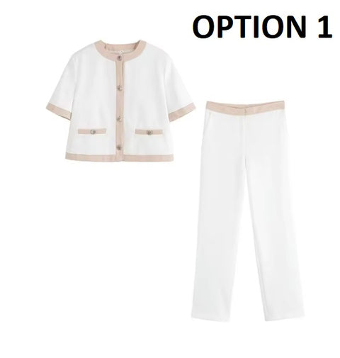 New Contrast Trim Short Sleeve Jacket and Straight Pants Set CODE: KAR4948