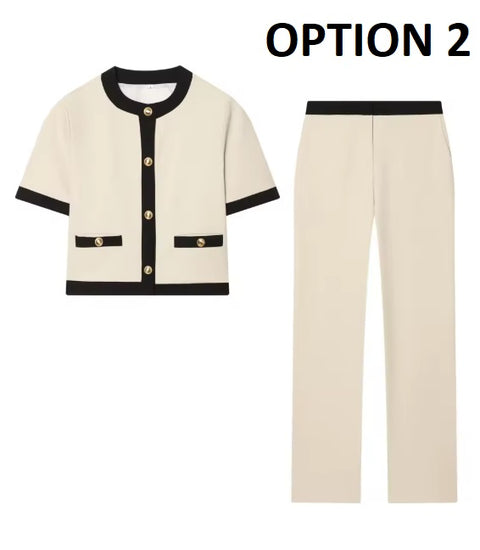 New Contrast Trim Short Sleeve Jacket and Straight Pants Set CODE: KAR4948