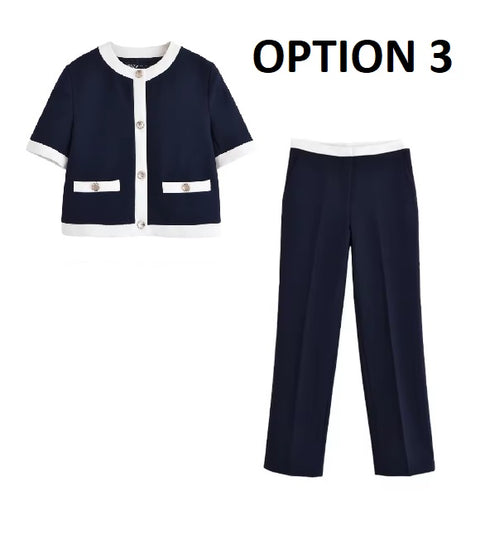 New Contrast Trim Short Sleeve Jacket and Straight Pants Set CODE: KAR4948