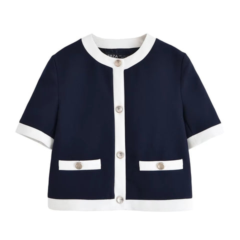 New Contrast Trim Short Sleeve Jacket and Straight Pants Set CODE: KAR4948