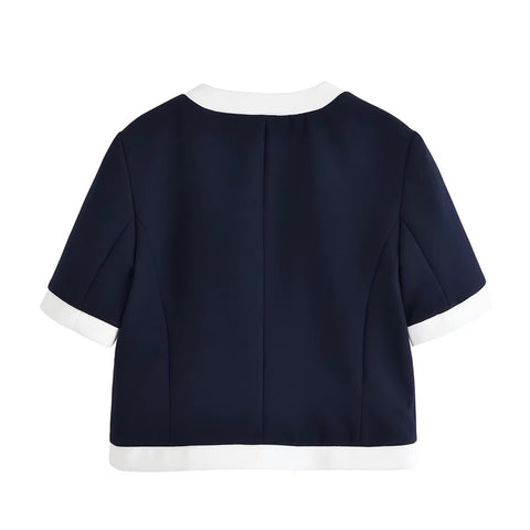 New Contrast Trim Short Sleeve Jacket and Straight Pants Set CODE: KAR4948