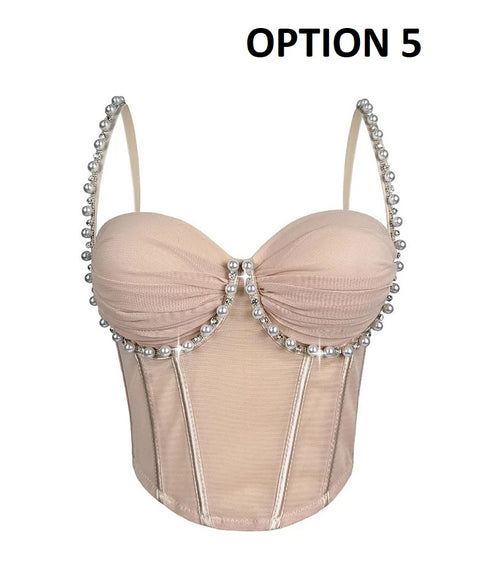 New Fashion Pearl Diamond Ruched Fishbone Bra Tops CODE: KAR4955