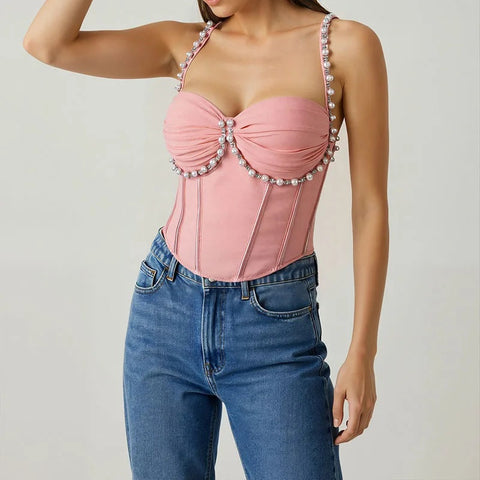 New Fashion Pearl Diamond Ruched Fishbone Bra Tops CODE: KAR4955