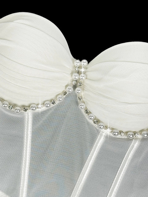 New Fashion Pearl Diamond Ruched Fishbone Bra Tops CODE: KAR4955