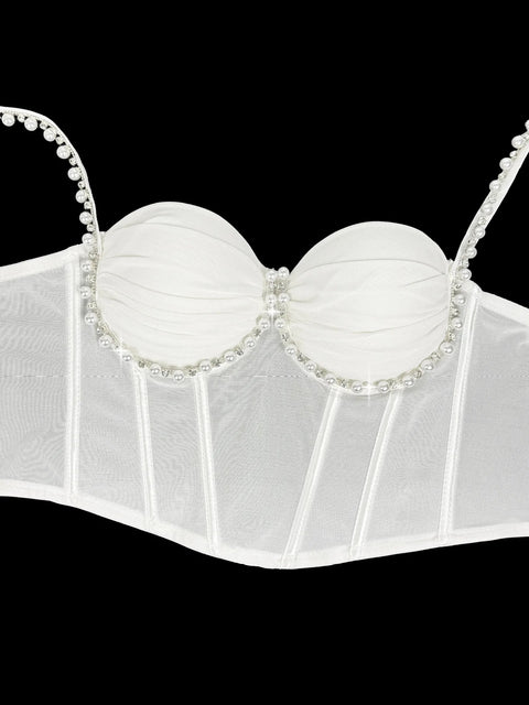 New Fashion Pearl Diamond Ruched Fishbone Bra Tops CODE: KAR4955