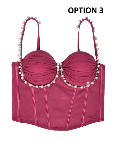 New Fashion Pearl Diamond Ruched Fishbone Bra Tops CODE: KAR4955