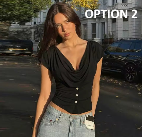 New Solid Soft Stretchy Draped Cowl Neck Crop Top CODE: KAR4959
