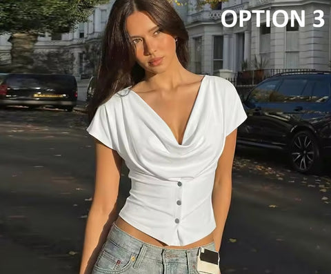New Solid Soft Stretchy Draped Cowl Neck Crop Top CODE: KAR4959