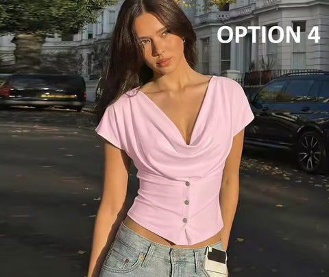 New Solid Soft Stretchy Draped Cowl Neck Crop Top CODE: KAR4959