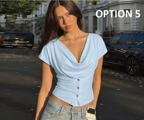 New Solid Soft Stretchy Draped Cowl Neck Crop Top CODE: KAR4959
