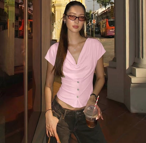 New Solid Soft Stretchy Draped Cowl Neck Crop Top CODE: KAR4959