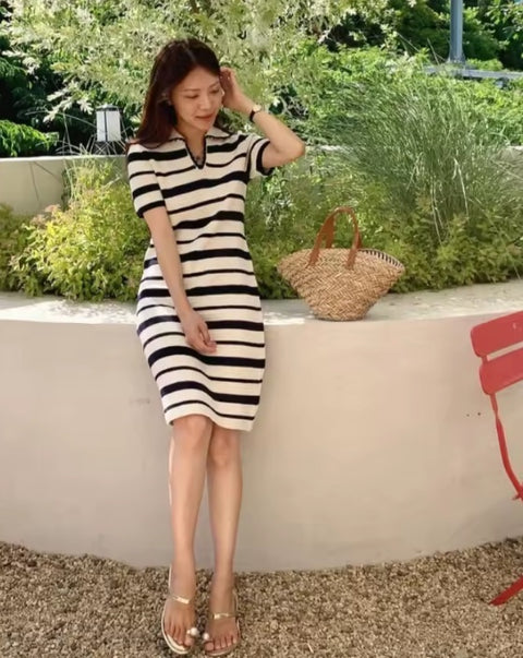 New V-neck Casual Striped Knit Casual Short Dress CODE: KAR4961